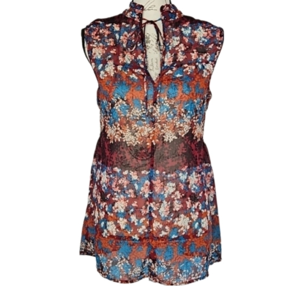 Bohemian Rust Orange & Blue Semi-Sheer Floral Dress, M